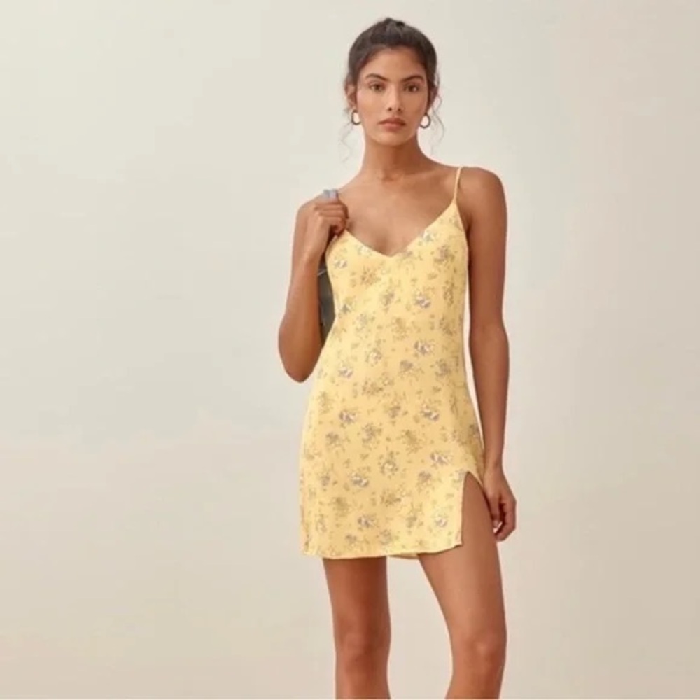 Reformation Yellow Floral Slip Mini Dress